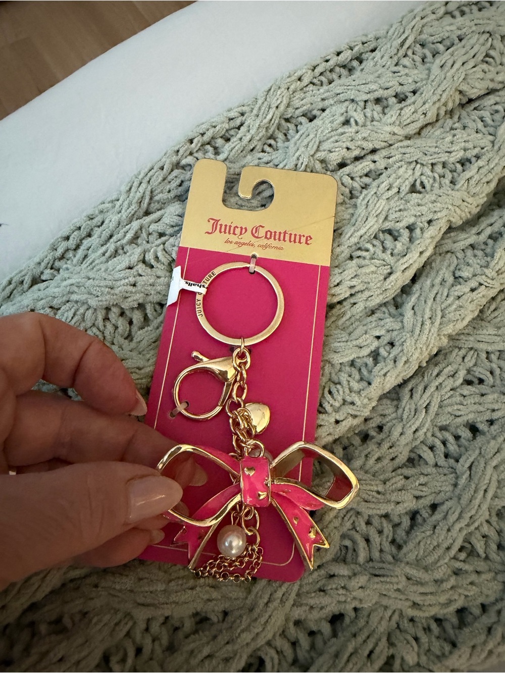 Juicy Couture Hot Pink Bow Keychain with Gold-Tone Hardware